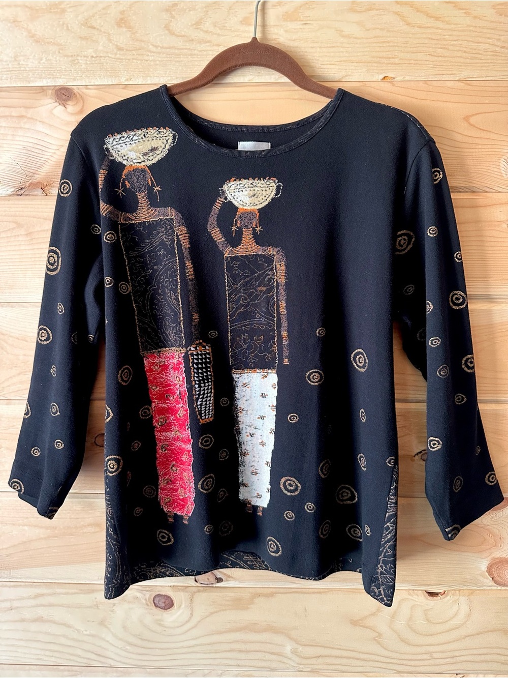 Chico’s Art To Wear Black Graphic Knit Top African Gold Metallic Embellished 1 M